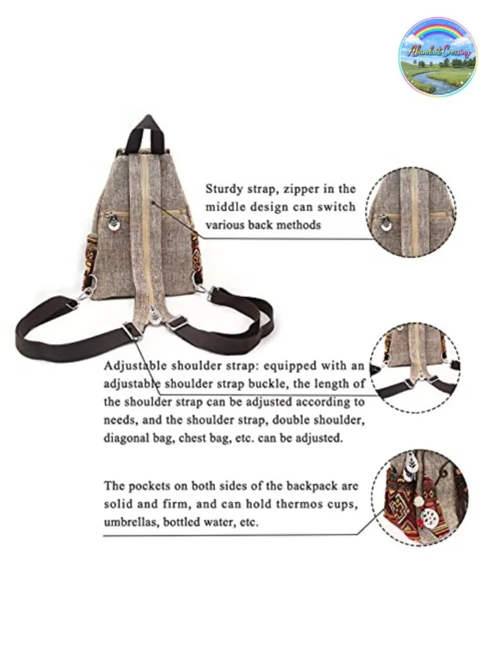 Canvas Sling Backpack Convertible Boho Woven Casual Daypack